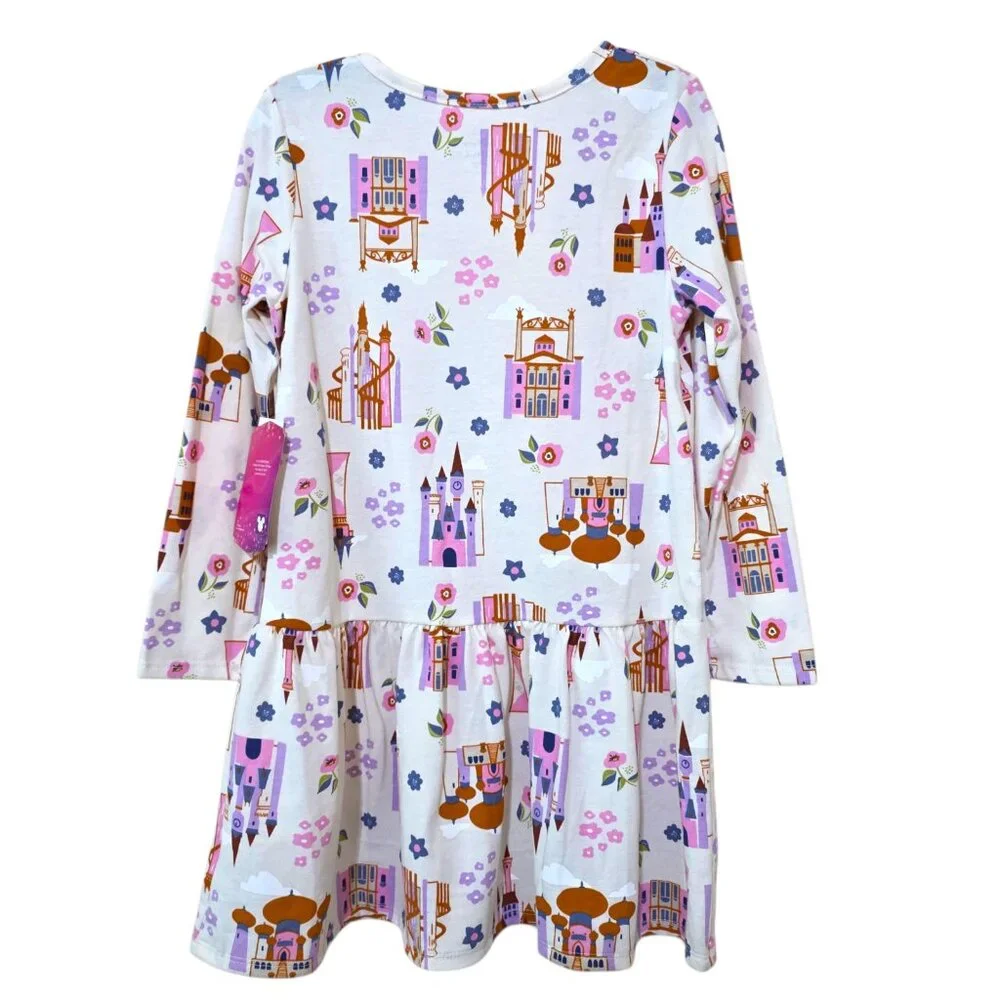 Disney Princess Dress Toddler Girls Castle Print Drop Waist Long Sleeves 2T-4T